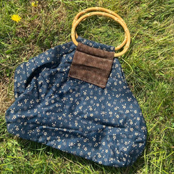 SAMPLE SALE: 26AT: Bamboo Handle Bag: Sevenberry | Kasuri Cotton Printed Shantung 'Two Sided Mini Flower' Blue/Brown