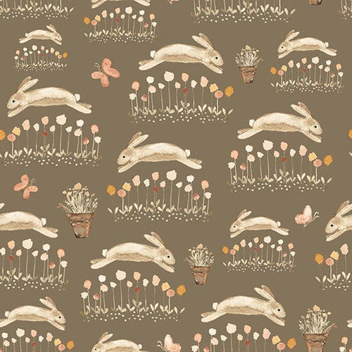 Dawn Rosengren for Henry Glass & Co | You Are My Sunshine 'Hopping Bunnies' Light Brown 1464-33: by the 1/2m