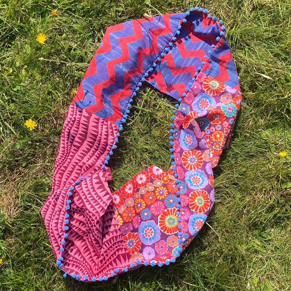 SAMPLE SALE: AP Kaffe Fassett Collective Infinity Scarf with Blue Pompom Trim (Red/Blue/Purple)