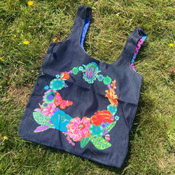 SAMPLE SALE: AY Denim Tote with Kaffe Fassett Collective Floral Wreath Appliqué