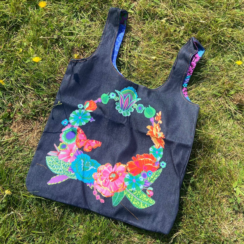 SAMPLE SALE: 26AO: Denim Tote with Kaffe Fassett Collective Floral Wreath Appliqué