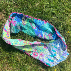 SAMPLE SALE: 26AS: Kaffe Fassett Collective Infinity Scarf with Bright Pink Pompom Trim (Aqua/Blue)