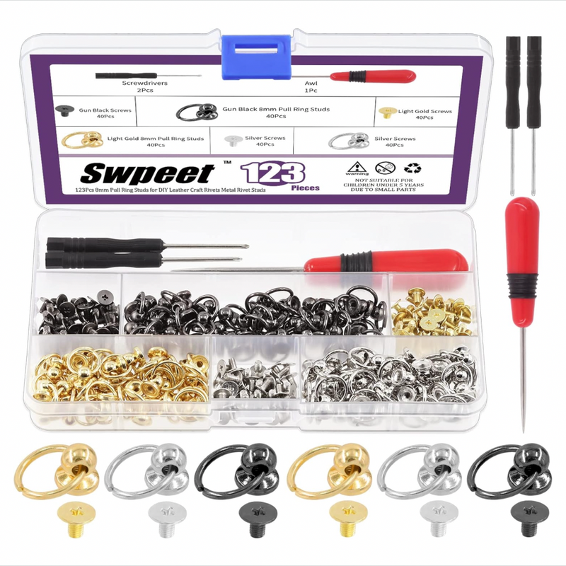 HARDWARE BOXED WITH TOOLS: Screwback Round Head Rivet with O Ring Pull Studs, Screwdriver and Awl Kit