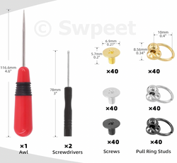 HARDWARE BOXED WITH TOOLS: Screwback Round Head Rivet with O Ring Pull Studs, Screwdriver and Awl Kit