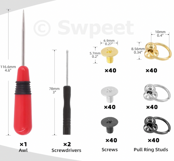 HARDWARE BOXED WITH TOOLS: Screwback Round Head Rivet with O Ring Pull Studs, Screwdriver and Awl Kit