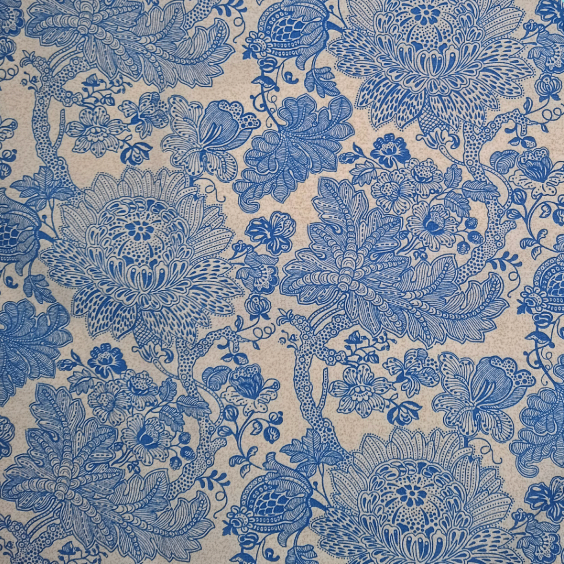 MEGA METRE: 1m Half-Panama Cotton Rich 'Design 11: Baroque Floral' BLUE + 1m NATURAL plain