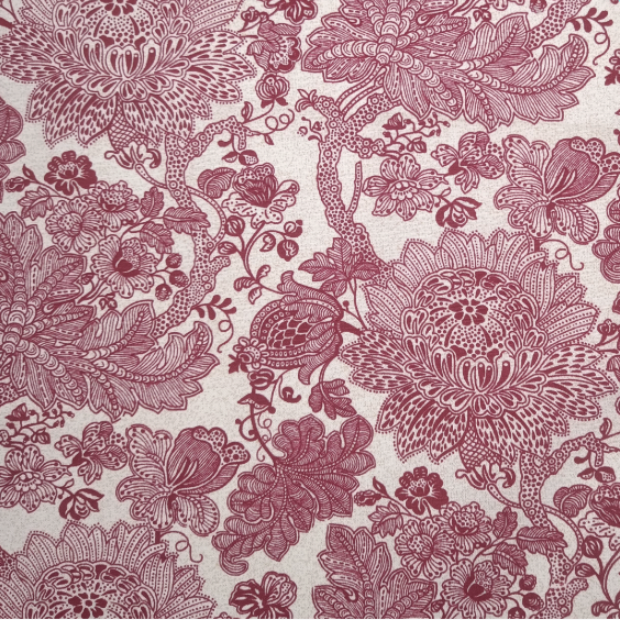 MEGA METRE: 1m Half-Panama Cotton Rich 'Design 9: Baroque Floral' RED + 1m NATURAL plain