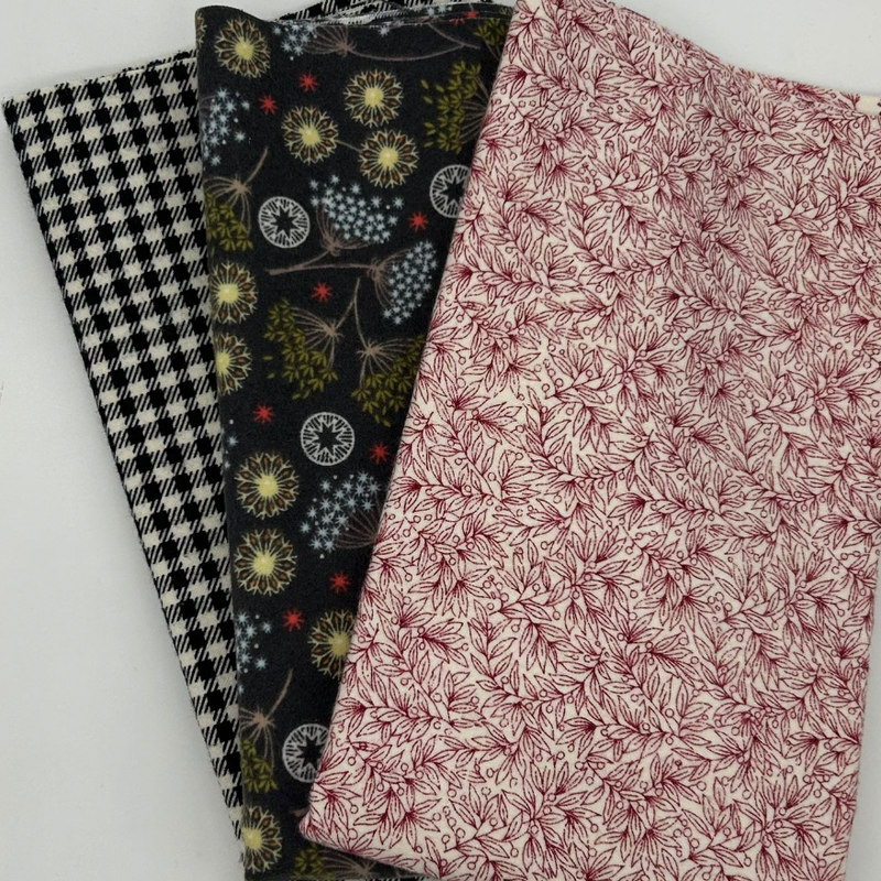 HALF METRE TRIO: Winter Flannel V4: Lewis & Irene 'Multi Winter Floral' on Dark + Tim Holtz 'Gingham' Black + 'Berry Branch' Red