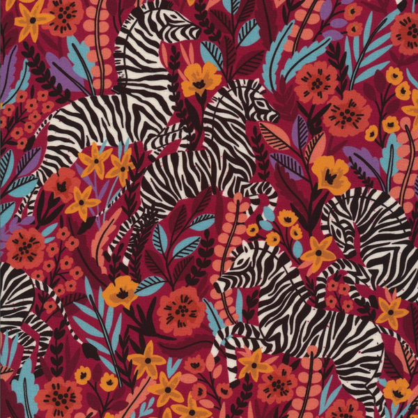 Maria Galybina for Cloud9 Fabrics | Zebras 'Frolicking Zebras' on Multi Red 227371: by the ½m