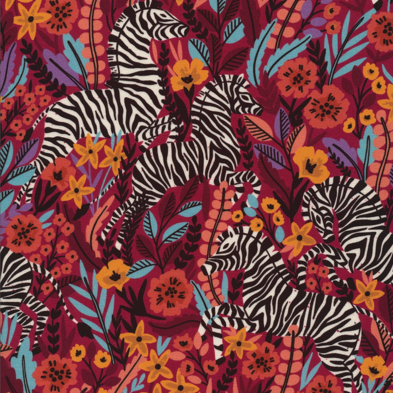 Maria Galybina for Cloud9 Fabrics | Zebras 'Frolicking Zebras' on Multi Red 227371: by the ½m