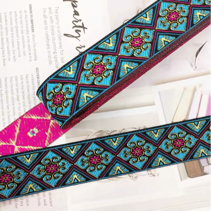 RIBBON: Floral Embroidered Jacquard: 3.3cm / 1.3" Wide: PINK Flower on Blue Jacquard: by the ½m