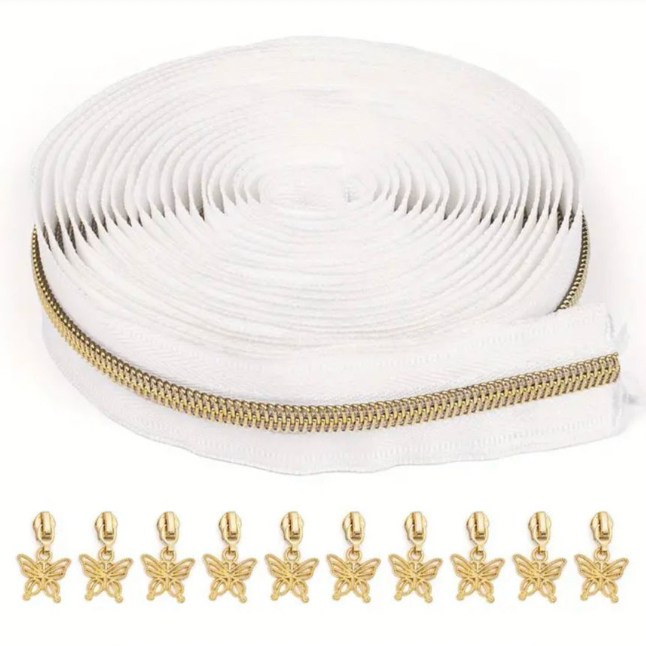 ZIPPER BUNDLE: 5 YARDS of Zipper Tape + 10 BUTTERFLY Zip Pulls: White with Gold Teeth