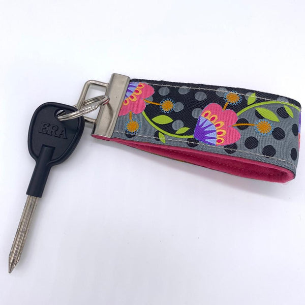 Renaissance Ribbon Key Fob Lanyard Bundle: 'LFN Textiles Pink/Blue on Black Suzani' with Matte Black Hardware