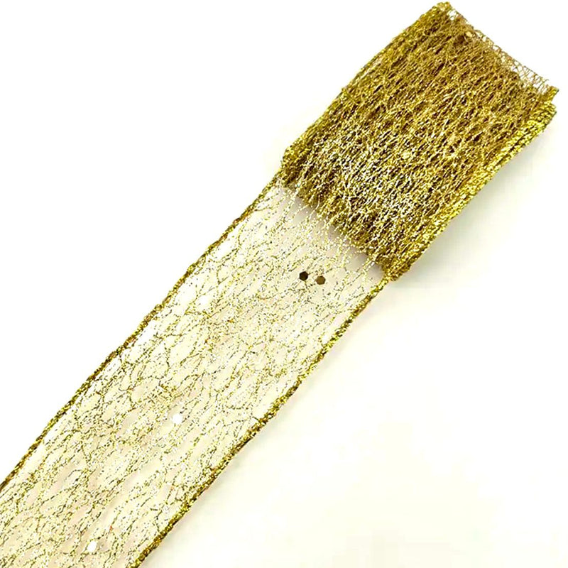 Wired Ribbon | 'Hollow Mesh with Glitter' Approx 50mm Wide: GOLD: 2 METRE ROLL