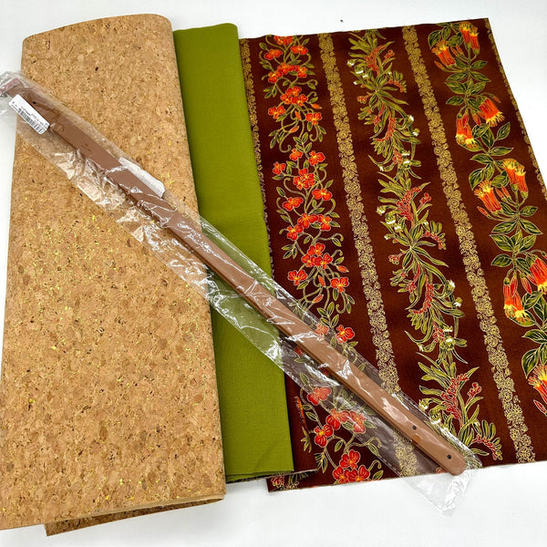 FABRIC + RIVET HANDLES: ½m Leesa Chandler UTAS 'Stripe' Orange Brown + ½m Sage + FQ Gold Sparkle Cork