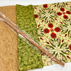 FABRIC + RIVET HANDLES: ½m Leesa Chandler 'Melba Tile' Orange Cream Green + ½m 'Flowering Gum' Green + FQ Gold Sparkle Ck