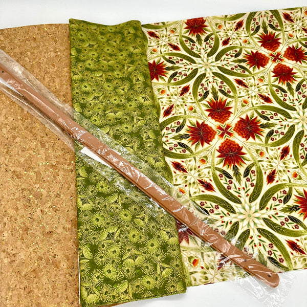 FABRIC + RIVET HANDLES: ½m Leesa Chandler 'Melba Tile' Orange Cream Green + ½m 'Flowering Gum' Green + FQ Gold Sparkle Ck