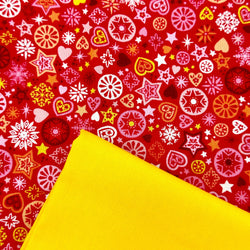 Half Metre Heaven: Makower UK | Christmas Brights 'Merry Motifs' Red D#24/R with Corn Yellow