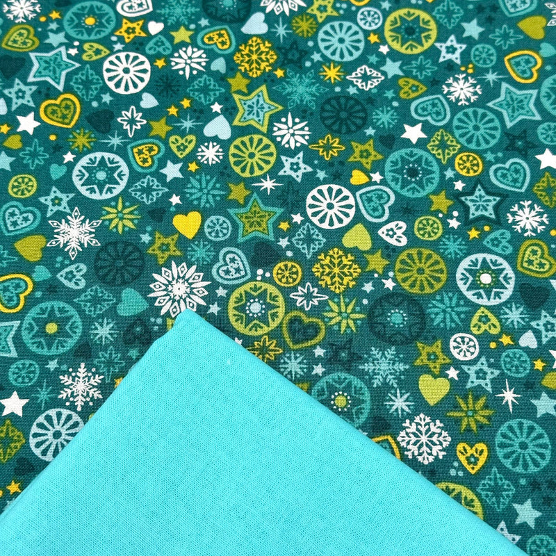 Half Metre Heaven: Makower UK | Christmas Brights 'Merry Motifs' Green D#24/T with Aqua