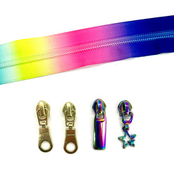 ZIP BUNDLE: 1 METRE Size 5 RAINBOW Zipper Tape + 2 Gold Plain Pulls, 1 Hallow Rainbow Star Pull, 1 Rainbow Rectangle Pull