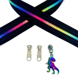 ZIP BUNDLE: 1.5 METRES Size 5 BLACK Zipper Tape with RAINBOW Teeth + 2 Silver Plain Pulls + 1 Rainbow Dinosaur Pull