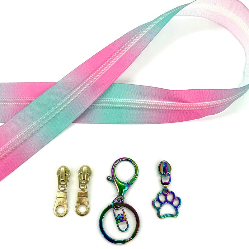 ZIP BUNDLE: 1 METRE Size 5 PINK & BLUE Zipper Tape + 2 Gold Plain Pulls, 1 Paw Rainbow Pull, 1 Rainbow Split Ring Lobster Clasp