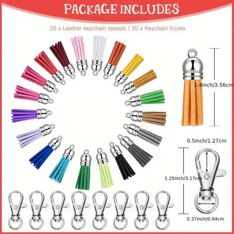 HARDWARE: 60-Piece Key Fob & Keychain Set: x20 Key Fobs, x20 Keychain Tassels, x20 Keychain Hooks