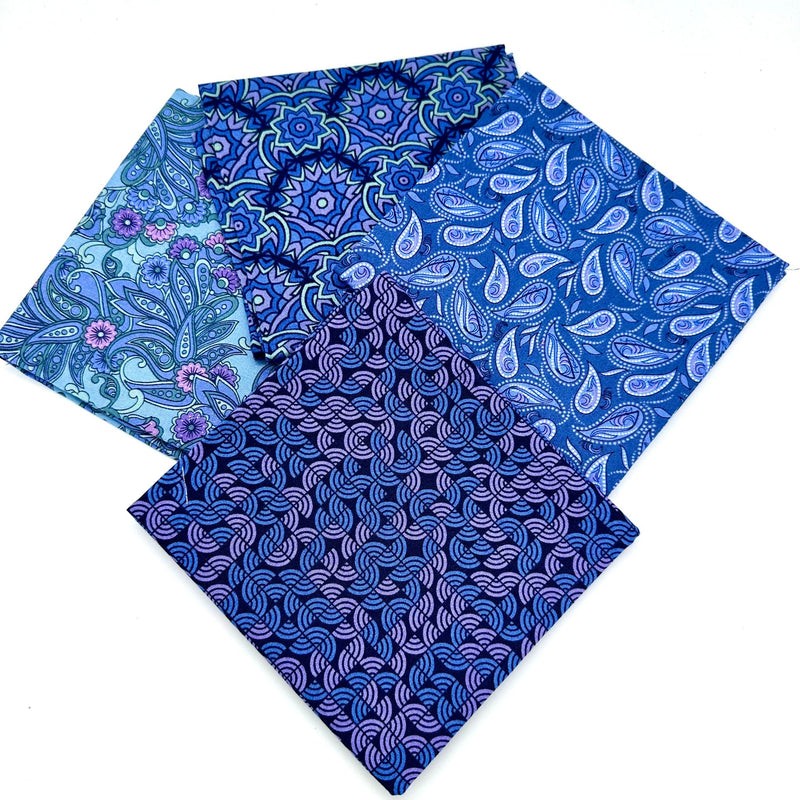 FAT QUARTER BUNDLE: 4 X FQ: Designs By Sarah J for Andover Fabrics | At Days End fabrics TWILIGHT (BLUE) COLOURWAY