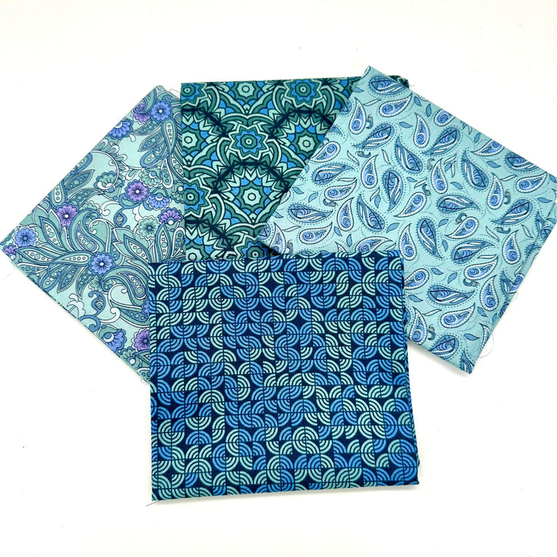 FAT QUARTER BUNDLE: 4 X FQ: Designs By Sarah J for Andover Fabrics | At Days End fabrics GRASSY FIELDS (TEAL) COLOURWAY