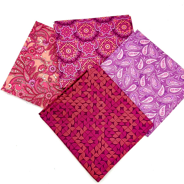 FAT QUARTER BUNDLE: 4 X FQ: Designs By Sarah J for Andover Fabrics | At Days End fabrics SETTING SUN/SUNDOWN (PINK) COLOURWAY