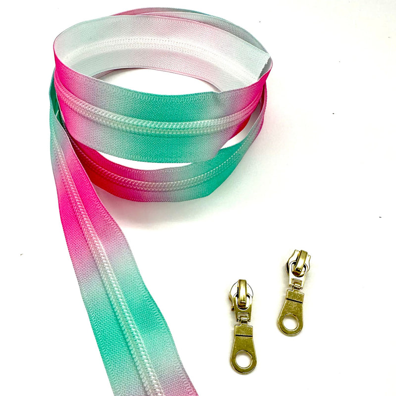 ZIP BUNDLE: 1 METRE Size 5 PINK & TEAL Zipper Tape + 2 Gold Circle Cutout Pulls