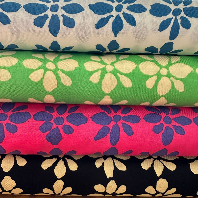 HALF METRE BUNDLE: 4 x ½m: Kaffe Fassett Collective | August 2024 'Snow Flower' in Black, Green, Pink and White