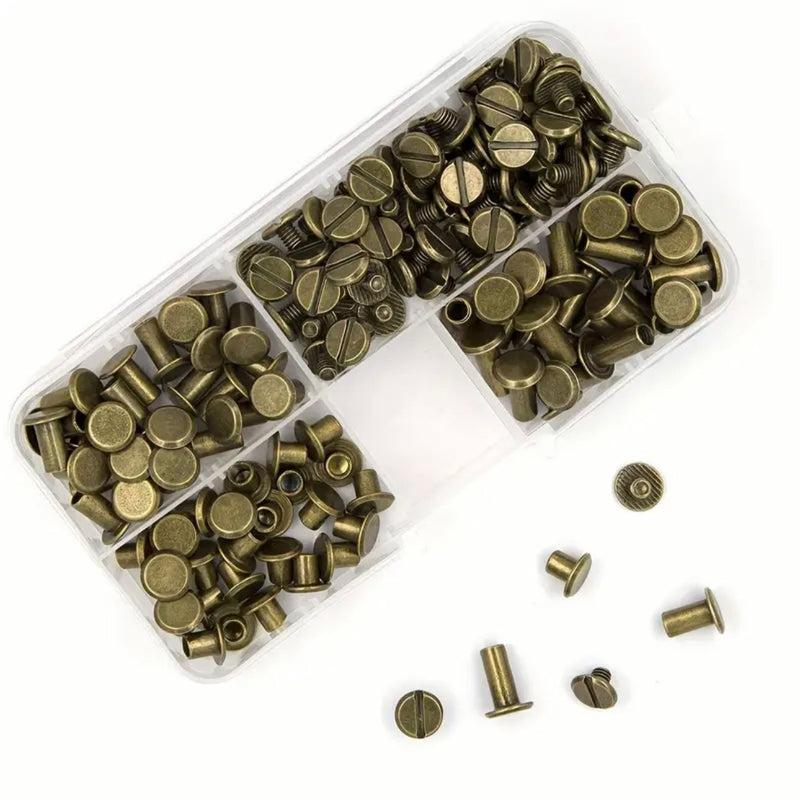 HARDWARE: Screwback 'Chicago Screw' Rivets: 9.5mm Diameter x Three Depths (¼", ⅜", ½"): Bronze/Antique Brass colour