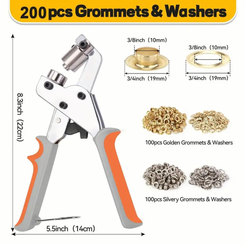 HARDWARE: Heavy Duty Grommet Tool with 200pc (Silver colour and Gold colour) Grommets and Washers set