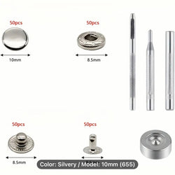 HARDWARE: Boxed 10mm Button Snap Set with Insertion Tools: 50 sets: Silver colour