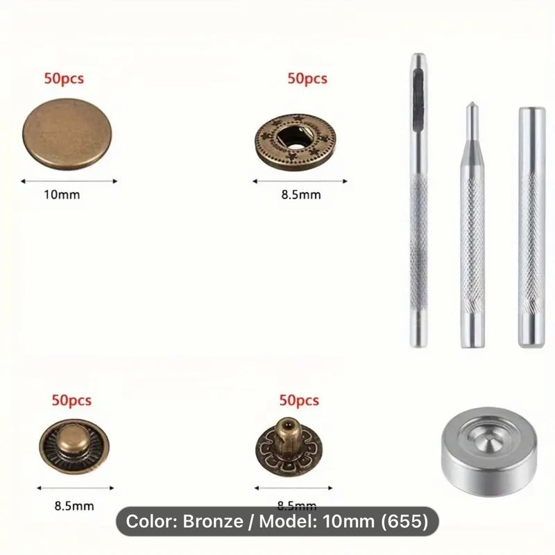 HARDWARE: Boxed 10mm Button Snap Set with Insertion Tools: 50 sets: Brass colour