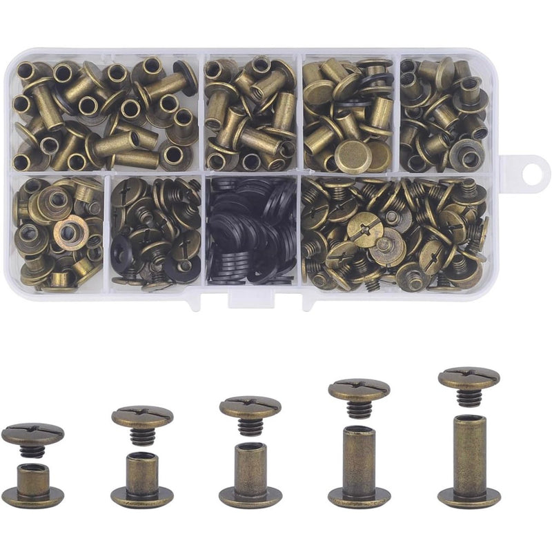 HARDWARE: Screwback 'Chicago Screws' Rivet Set: M5 x Five Sizes: 4/6/8/10/12mm Kit: Antique Brass / Bronze colour