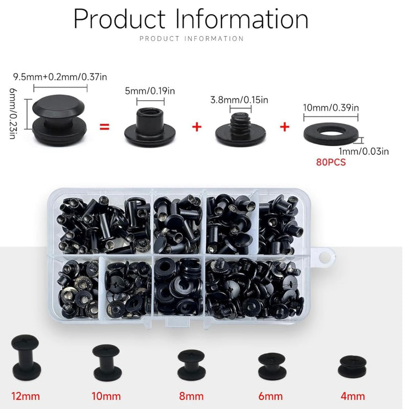 HARDWARE: Screwback 'Chicago Screws' Rivet Set: M5 x Five Sizes: 4/6/8/10/12mm Kit: Black colour