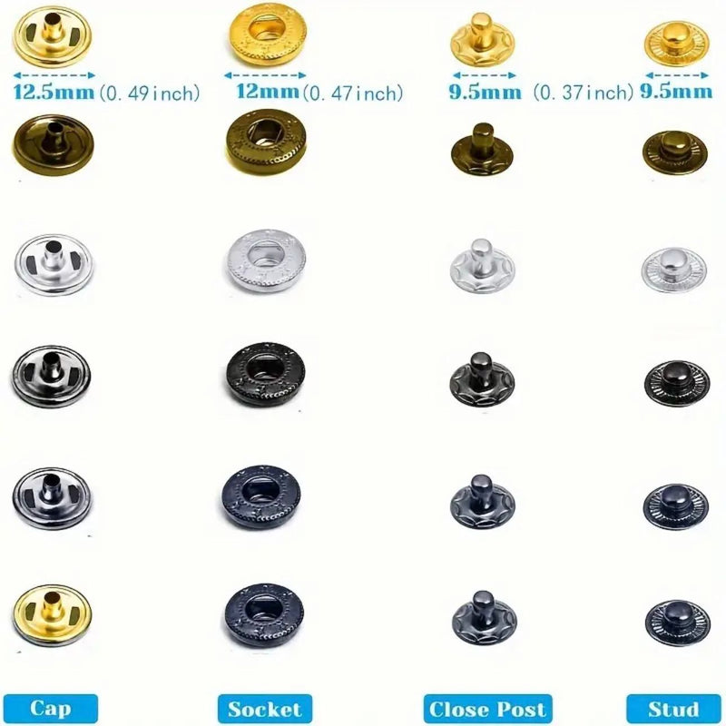 HARDWARE: Leather Snap Fastener Buttons Kit inc 120 Sets Metal Snaps and Installation Tools