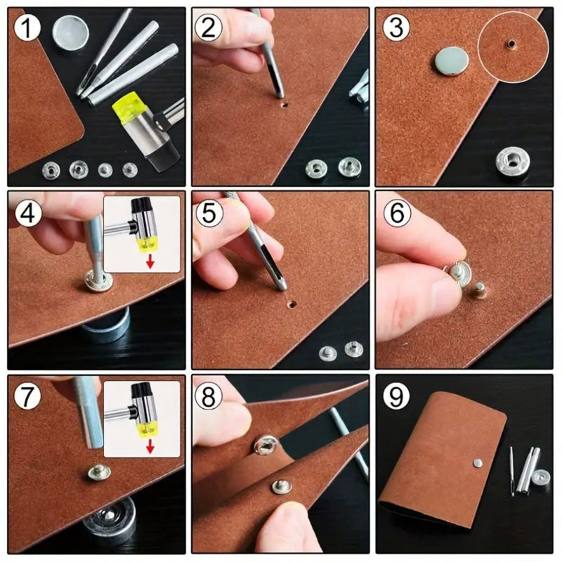 HARDWARE: Leather Snap Fastener Buttons Kit inc 120 Sets Metal Snaps and Installation Tools