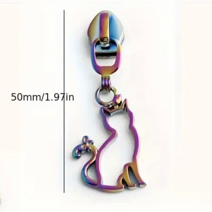 HARDWARE: Metal Zip Slider with Cat: Size 5: Rainbow