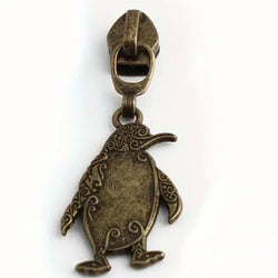 HARDWARE: Metal Zip Slider with Penguin: Size 5: Antique Brass colour