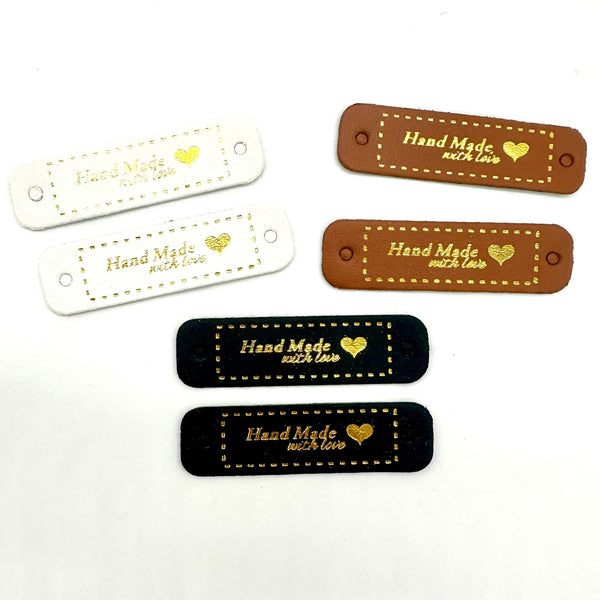 ACCESSORY: PU Leather Tags: 'Handmade With Love': Set of 6 (2 White, 2 Brown, 2 Black)