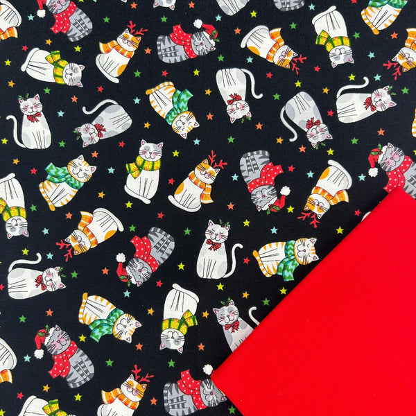 Half Metre Heaven: Makower | Santa Paws 'Christmas Cats Scatter' Black 2476/X with Red