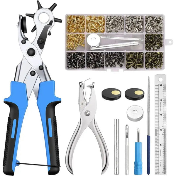 HARDWARE: Hole Punch Plier Set, Revolving Punch Hole Plier Tool + 240 Pcs Leather Double Cap Rivets + 120 Pcs Leather Snap Fasteners