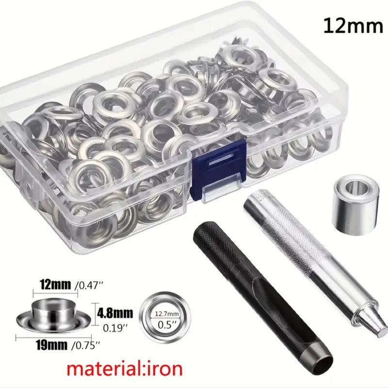 HARDWARE: Eyelet / Grommet Kit inc Tools: 12mm size, 100 Sets, SILVER colour