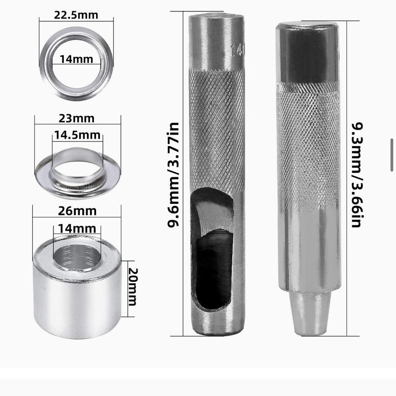 HARDWARE: Eyelet / Grommet Kit inc Tools: 14mm size, 100 Sets, 4 colours