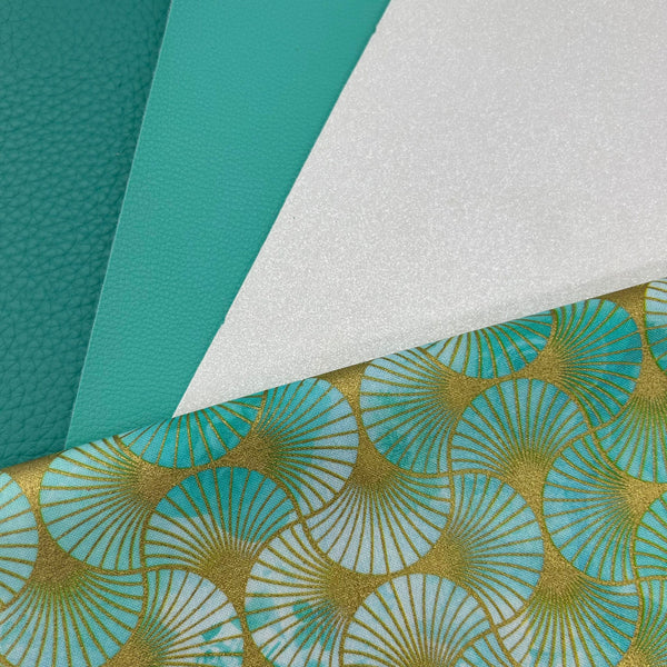 FABRIC KIT: Trio of PU / Faux Leather + LQ Robert Kaufman Fabrics | Golden Vibes 'Fans' AINDM-22739-70 AQUA