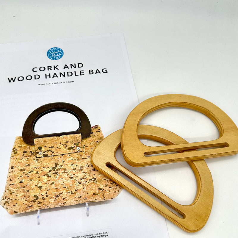 Instructions WITH HARDWARE: Cork and Wood Handle Bag: Printed Pattern + 15cm Wood D Shape Bag Handles: LIGHT WOOD