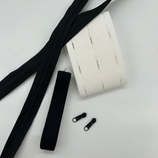 FABRIC + HARDWARE BASICS: See Through Project Holder: Sewable Plastic, Waistshaper, Black Cotton Tape, Black Zip & Pulls